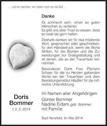 Traueranzeige von Doris Bommer von Hersfeld