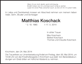 Traueranzeige von Matthias Koschack von Hersfeld