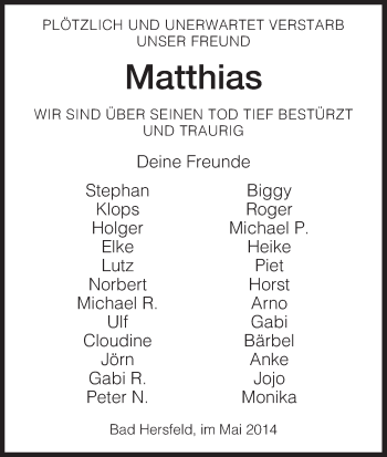 Traueranzeige von Matthias  von Hersfeld