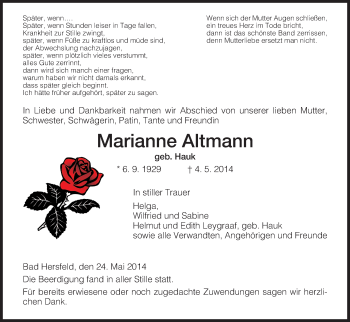 Traueranzeige von Marianne Altmann von Hersfeld