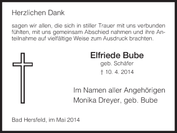 Traueranzeige von Elfriede Bube von Hersfeld