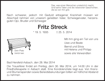 Traueranzeige von Fritz Streck von Hersfeld