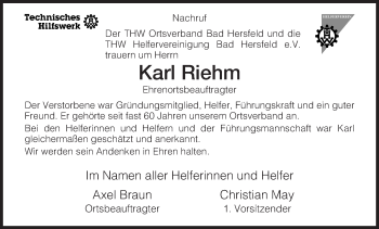 Traueranzeige von Karl Riehm von Hersfeld
