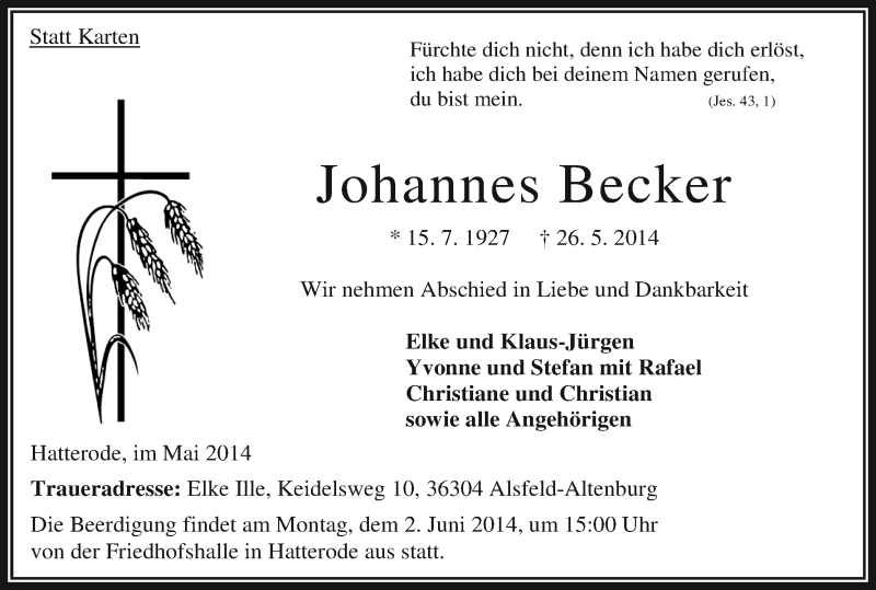  Traueranzeige für Johannes Becker vom 31.05.2014 aus Hersfeld