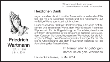 Traueranzeige von Friedrich Wartmann von Hersfeld