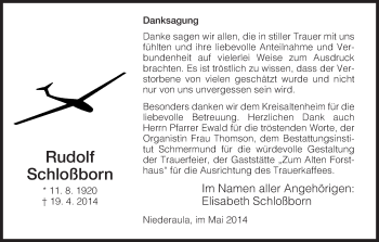 Traueranzeige von Rudolf Schloßborn von Hersfeld