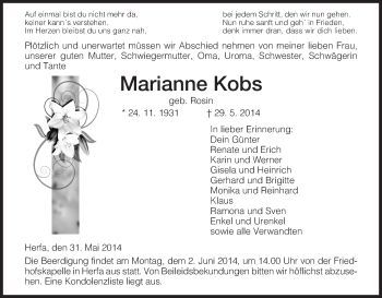 Traueranzeige von Marianne Kobs von Hersfeld