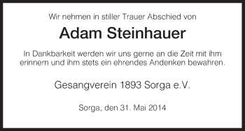 Traueranzeige von Adam Steinhauer von Hersfeld