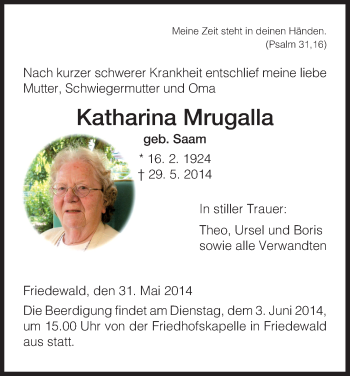 Traueranzeige von Katharina Mrugalla von Hersfeld
