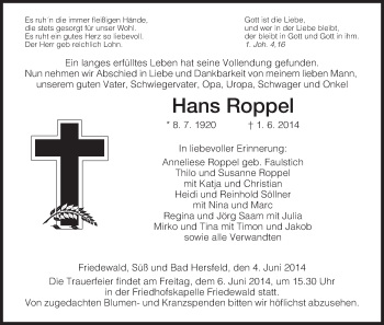 Traueranzeige von Hans Roppel von Hersfeld