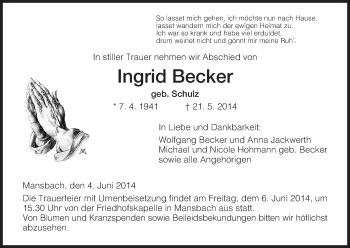Traueranzeige von Ingrid Becker von Hersfeld