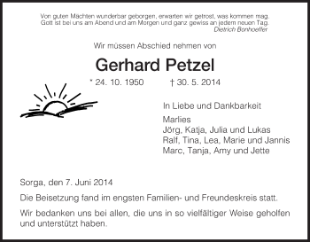 Traueranzeige von Gerhard Petzel von Hersfeld