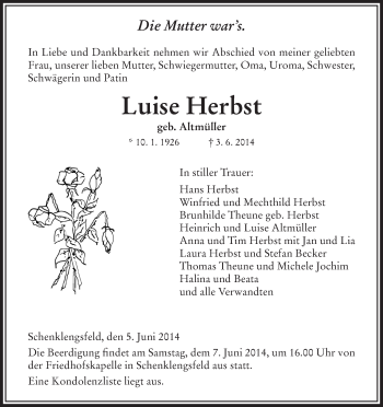 Traueranzeige von Luise Herbst von Hersfeld