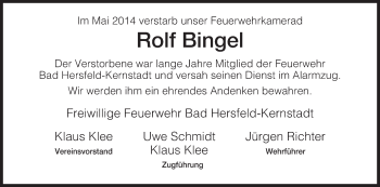 Traueranzeige von Rolf Bingel von Hersfeld