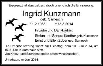 Traueranzeige von Ingrid Kunzmann von Hersfeld