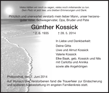 Traueranzeige von Günther Kossick von Hersfeld