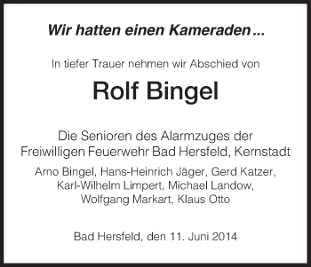 Traueranzeige von Rolf Bingel von Hersfeld