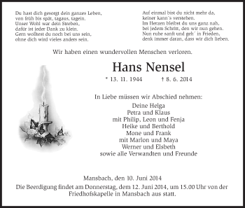 Traueranzeige von Hans Nensel von Hersfeld