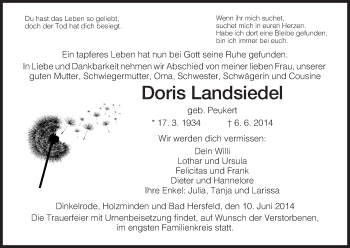 Traueranzeige von Doris Landsiedel von Hersfeld