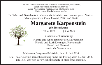 Traueranzeige von Margarete Karpenstein von Hersfeld