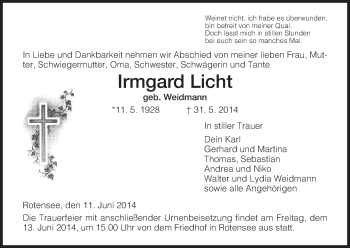 Traueranzeige von Irmgard Licht von Hersfeld