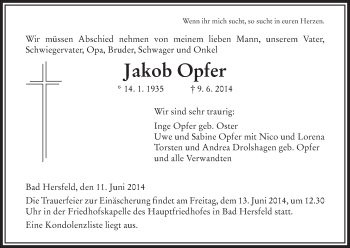Traueranzeige von Jakob Opfer von Hersfeld