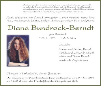 Traueranzeige von Diana Bundrock-Berndt von Hersfeld