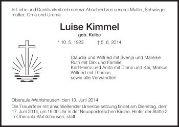 Traueranzeige von Luise Kimmel von Hersfeld