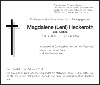 Traueranzeige von Magdalene  Heckeroth von Hersfeld
