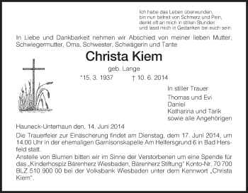 Traueranzeige von Christa Kiem von Hersfeld