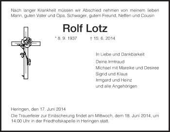 Traueranzeige von Rolf Lotz von Hersfeld
