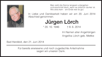 Traueranzeige von Jürgen Lörch von Hersfeld