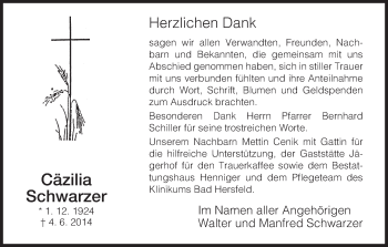 Traueranzeige von Cäzilia Schwarzer von Hersfeld