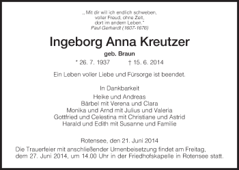 Traueranzeige von Ingeborg Anna Kreutzer von Hersfeld