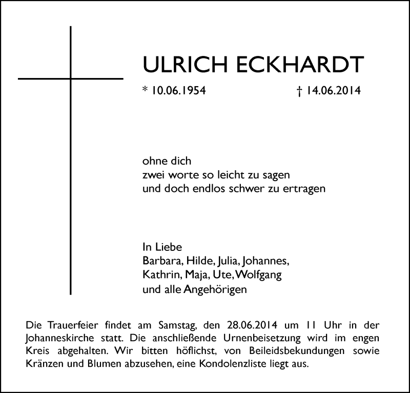  Traueranzeige für Ulrich Eckhardt vom 21.06.2014 aus Hersfeld