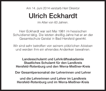 Traueranzeige von Ulrich Eckhardt von Hersfeld