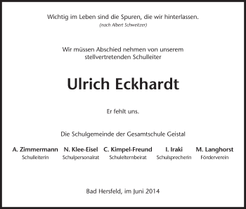 Traueranzeige von Ulrich Eckhardt von Hersfeld