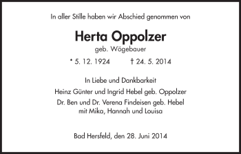 Traueranzeige von Herta Oppolzer von Hersfeld
