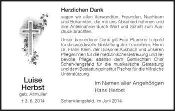 Traueranzeige von Luise Herbst von Hersfeld