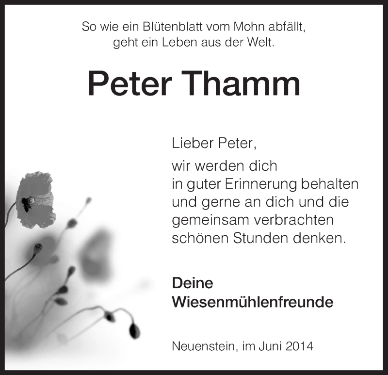  Traueranzeige für Peter Thamm vom 27.06.2014 aus Hersfeld