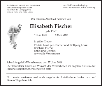 Traueranzeige von Elisabeth Fischer von Hersfeld