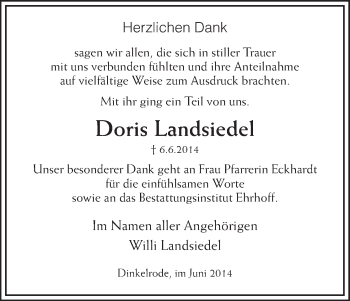 Traueranzeige von Doris Landsiedel von Hersfeld
