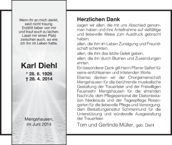 Traueranzeige von Karl Diehl von Hersfeld