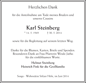 Traueranzeige von Karl Steinberg von Hersfeld