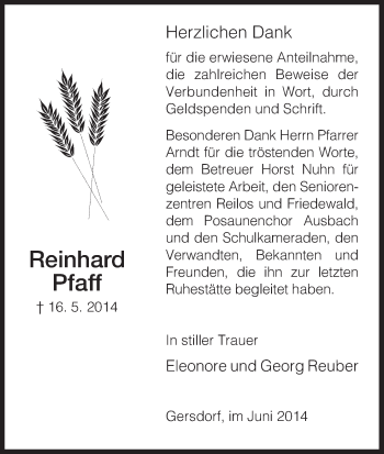 Traueranzeige von Reinhard Pfaff von Hersfeld