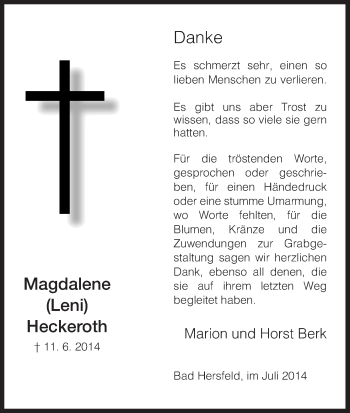 Traueranzeige von Magdalene  Heckeroth von Hersfeld