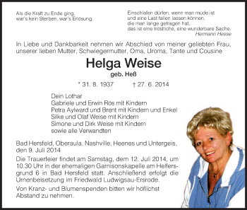 Traueranzeige von Helga Weise von Hersfelder Zeitung