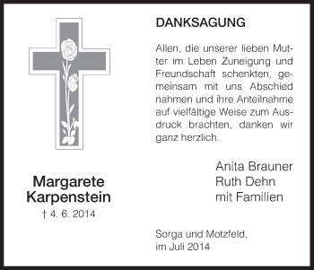 Traueranzeige von Margarete Karpenstein von Hersfeld