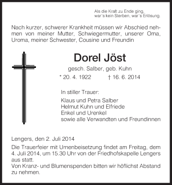 Traueranzeige von Dorel Jöst von Hersfeld