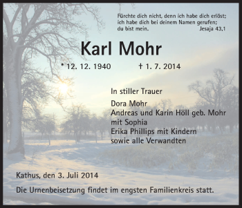 Traueranzeige von Karl Mohr von Hersfeld